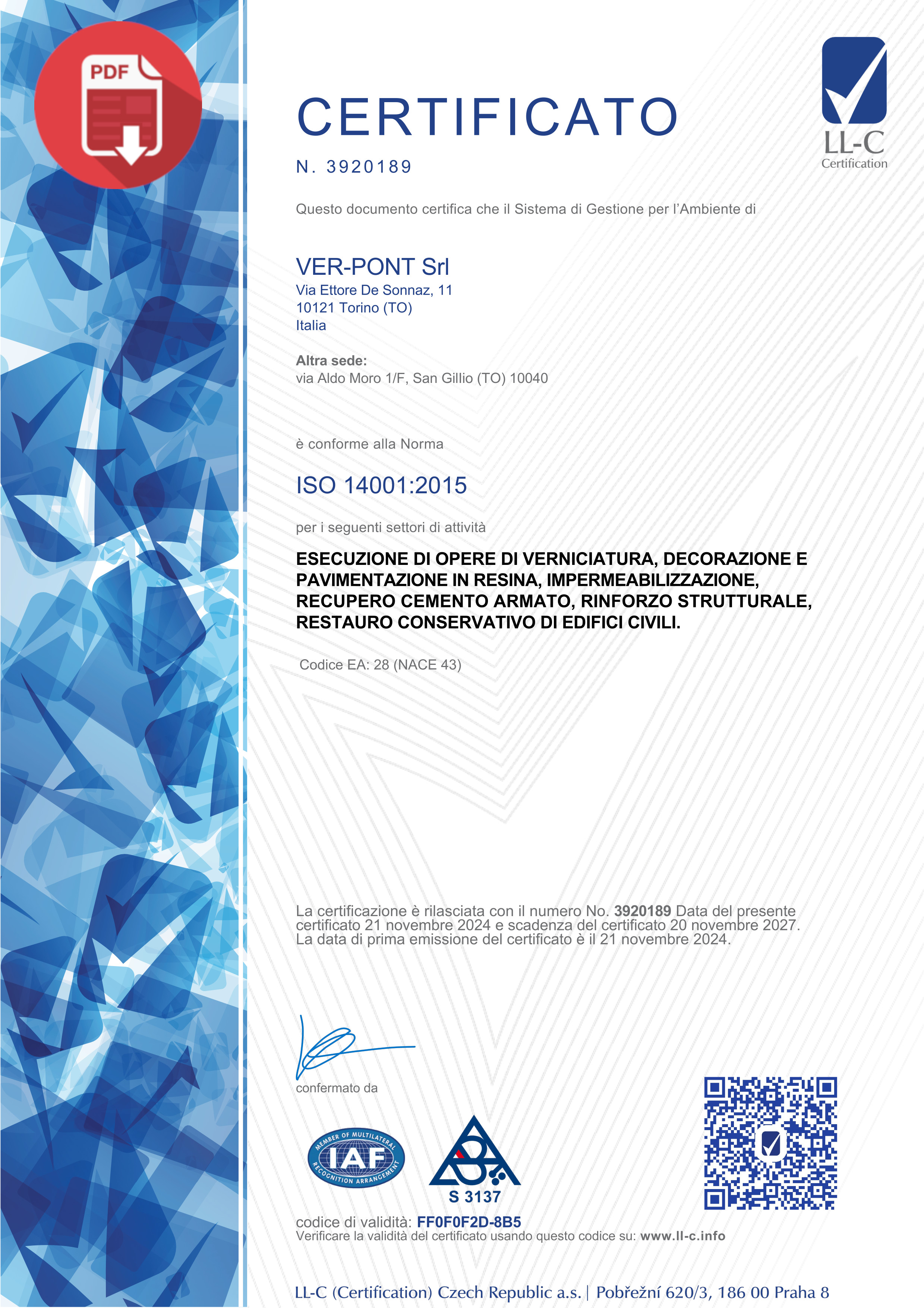 Certificato sistema di Gestione per l'Ambiente ISO 14001:2015